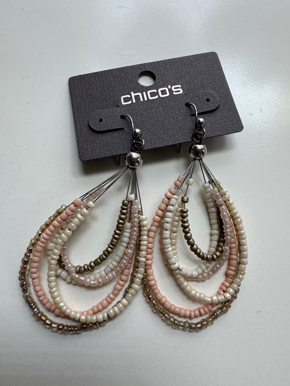 Chico's Pink, Ivory & Taupe Multi-Strand Beaded Teardrop Earrings